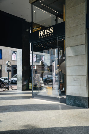 Milan, Italy - September 21, 2018: Hugo Boss store in Milan. Montenapoleone area. Fashion week Hugo...