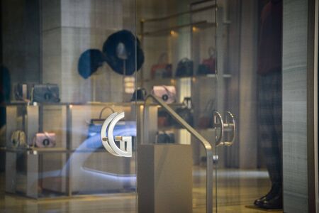 Milan, Italy - September 21, 2018: Giorgio Armani store in Milan. Montenapoleone area. Fashion week Giorgio Armani shopping.のeditorial素材