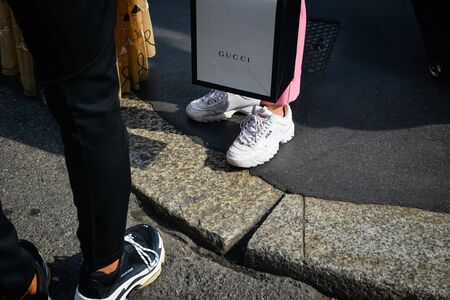 Milan, Italy - September 21, 2018: Gucci store in Milan. Montenapoleone area. Fashion week Gucciのeditorial素材