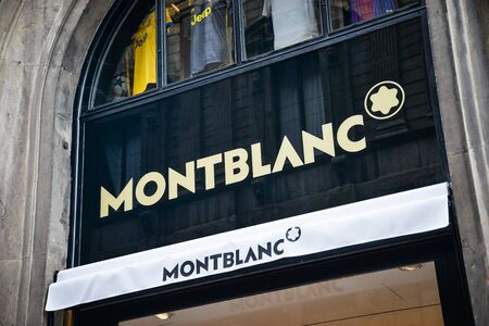 Milan, Italy - September 21, 2018: Montblanc store in Milan. Montenapoleone area. Fashion week Montblanc shopping.のeditorial素材