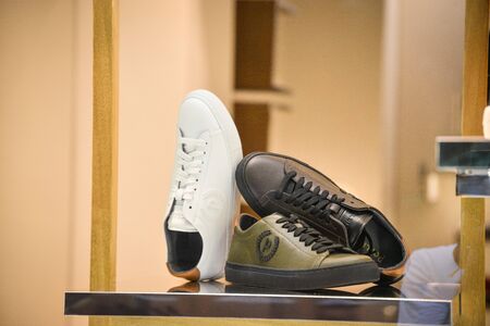 Milan, Italy - September 21, 2018: Pollini store in Milan. Montenapoleone area. Fashion week Pollini shopping.のeditorial素材