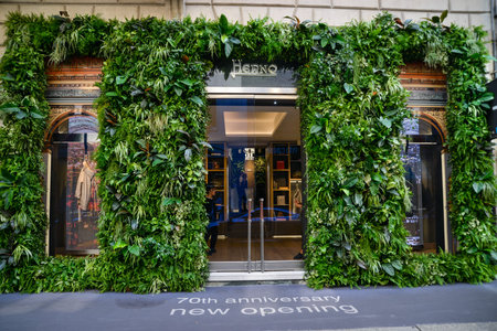 Milan, Italy - September 21, 2018: Herno store in Milan. Montenapoleone area. Fashion week Herno...