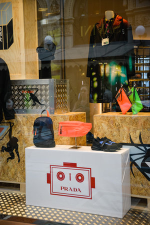 Milan, Italy - September 21, 2018: Prada store in Milan. Montenapoleone area. Fashion week Prada...