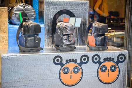 Milan, Italy - September 21, 2018: Prada store in Milan. Montenapoleone area. Fashion week Prada shopping.のeditorial素材