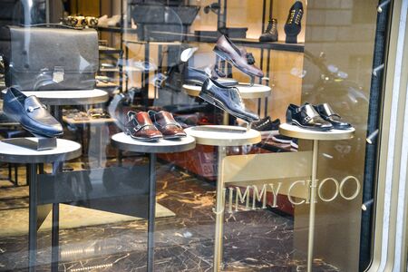 Milan, Italy - September 21, 2018: Jimmy Choo store in Milan. Montenapoleone area. Fashion week Jimmy Choo shopping.のeditorial素材