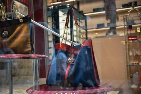 Milan, Italy - September 21, 2018: Gucci store in Milan. Montenapoleone area. Fashion week Gucci shopping.のeditorial素材