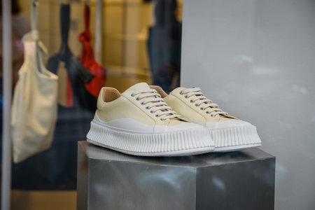 Milan, Italy - September 21, 2018: Jil Sander store in Milan. Montenapoleone area. Fashion week Jil...