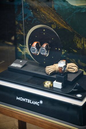 Milan, Italy - September 21, 2018: Montblanc store in Milan. Montenapoleone area. Fashion week Montblanc shopping.のeditorial素材