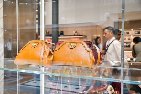 Milan, Italy - September 21, 2018: Gucci store in Milan. Montenapoleone area. Fashion week Gucci shopping.のeditorial素材