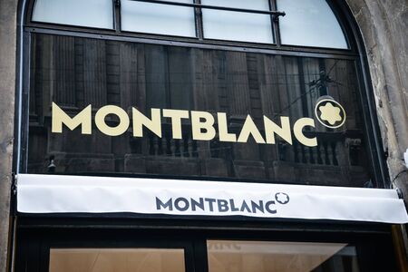 Milan, Italy - September 21, 2018: Montblanc store in Milan. Montenapoleone area. Fashion week Montblanc shopping.のeditorial素材
