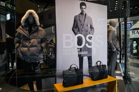 Milan, Italy - September 21, 2018: Hugo Boss store in Milan. Montenapoleone area. Fashion week Hugo Boss shopping.のeditorial素材
