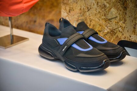 Milan, Italy - September 21, 2018: Prada store in Milan. Montenapoleone area. Fashion week Prada shopping.のeditorial素材