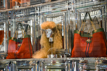 Milan, Italy - September 21, 2018: Gucci store in Milan. Montenapoleone area. Fashion week Gucci...