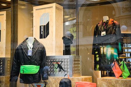 Milan, Italy - September 21, 2018: Prada store in Milan. Montenapoleone area. Fashion week Prada shopping.のeditorial素材