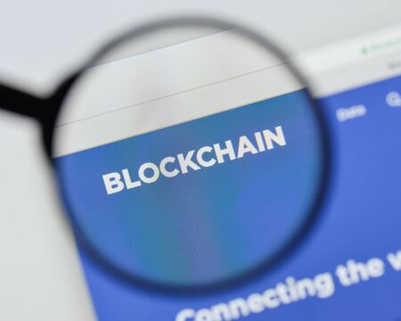 Milan, Italy - August 20, 2018: blockchain bitcoin website homepage. blockchain bitcoin logo visible.のeditorial素材