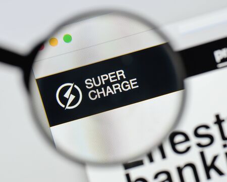 Milan, Italy - August 20, 2018: Supercharge website homepage. Supercharge logo visible.のeditorial素材