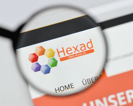 Milan, Italy - August 20, 2018: Hexad website homepage. Hexad logo visible.のeditorial素材