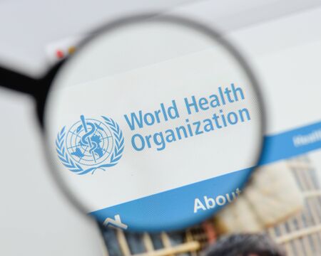 Milan, Italy - August 20, 2018: WHO world health organizzation website homepage. WHO world health organizzation logo visible.のeditorial素材