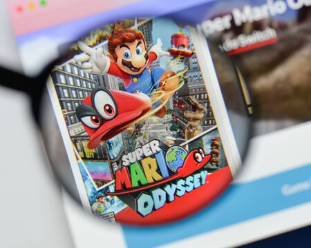 Milan, Italy - August 20, 2018: Super Mario Odyssey website homepage. Super Mario Odyssey logo visible.のeditorial素材