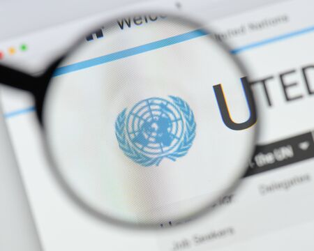 Milan, Italy - August 20, 2018: United Nations website homepage. United Nations logo visible.のeditorial素材