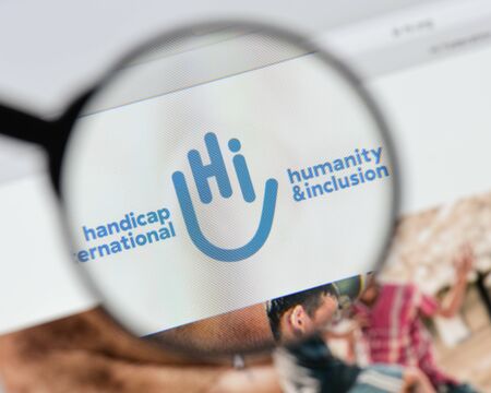 Milan, Italy - August 20, 2018: Handicap International website homepage. Handicap International logo visible.のeditorial素材