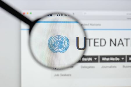 Milan, Italy - August 20, 2018: United Nations website homepage. United Nations logo visible.のeditorial素材