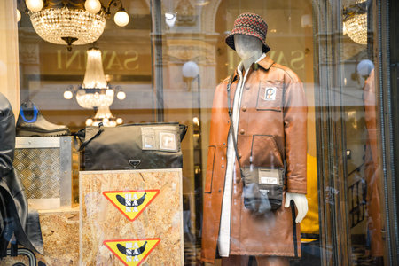Milan, Italy - September 21, 2018: Prada store in Milan. Montenapoleone area. Fashion week Prada...