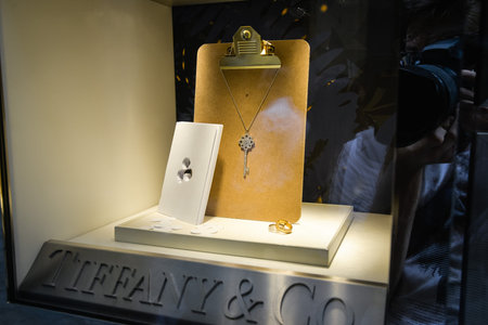 Milan, Italy - September 21, 2018: Tiffany store in Milan. Montenapoleone area. Fashion week Tiffany...