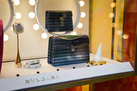 Milan, Italy - September 21, 2018: Bulgari store in Milan. Montenapoleone area. Fashion week Bulgari shopping.のeditorial素材
