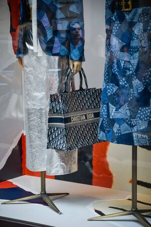 Milan, Italy - September 21, 2018: Dior store in Milan. Montenapoleone area. Fashion week Dior shopping.のeditorial素材
