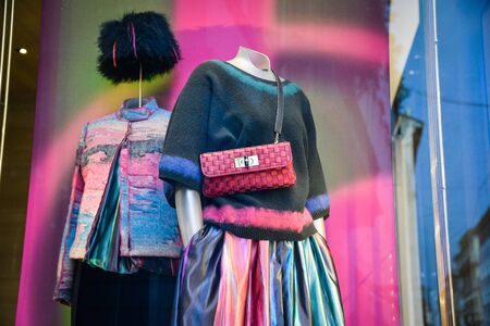 Milan, Italy - September 21, 2018: Giorgio Armani store in Milan. Montenapoleone area. Fashion week Giorgio Armani shopping.のeditorial素材