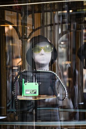Milan, Italy - September 21, 2018: Prada store in Milan. Montenapoleone area. Fashion week Prada shopping.のeditorial素材