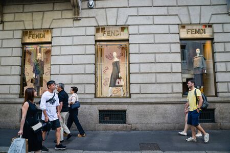 Milan, Italy - September 21, 2018: Fendi store in Milan. Montenapoleone area. Fashion week Fendi shopping.のeditorial素材