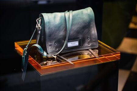 Milan, Italy - September 21, 2018: Prada store in Milan. Montenapoleone area. Fashion week Prada shopping.のeditorial素材