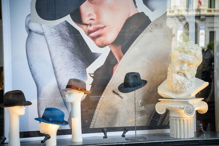 Milan, Italy - September 21, 2018: Borsalino store in Milan. Montenapoleone area. Fashion week Borsalino shopping.のeditorial素材