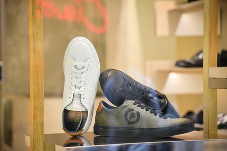 Milan, Italy - September 21, 2018: Pollini store in Milan. Montenapoleone area. Fashion week Pollini shopping.のeditorial素材