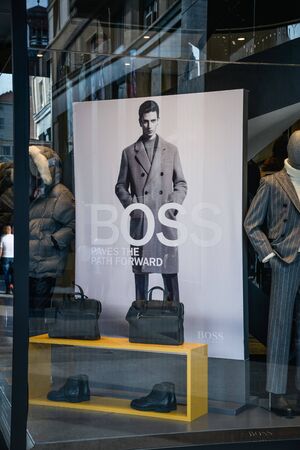 Milan, Italy - September 21, 2018: Hugo Boss store in Milan. Montenapoleone area. Fashion week Hugo Boss shopping.のeditorial素材