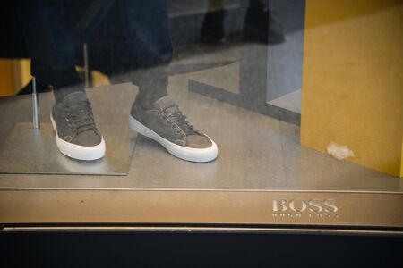 Milan, Italy - September 21, 2018: Hugo Boss store in Milan. Montenapoleone area. Fashion week Hugo Bossのeditorial素材