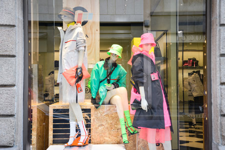 Milan, Italy - September 21, 2018: Prada store in Milan. Montenapoleone area. Fashion week Prada...