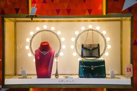 Milan, Italy - September 21, 2018: Bulgari store in Milan. Montenapoleone area. Fashion week Bulgari shopping.のeditorial素材