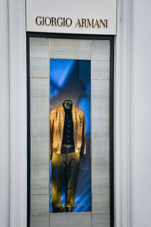 Milan, Italy - September 21, 2018: Giorgio Armani store in Milan. Montenapoleone area. Fashion week Giorgio Armani shopping.のeditorial素材