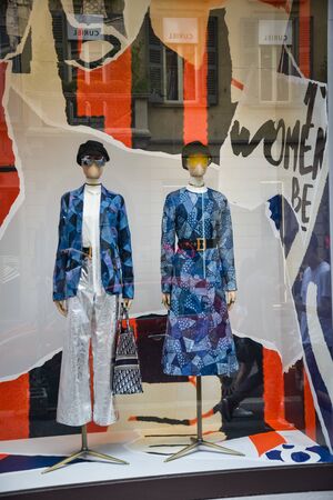 Milan, Italy - September 21, 2018: Dior store in Milan. Montenapoleone area. Fashion week Dior shopping.のeditorial素材