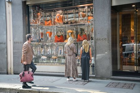 Milan, Italy - September 21, 2018: Gucci store in Milan. Montenapoleone area. Fashion week Gucciのeditorial素材