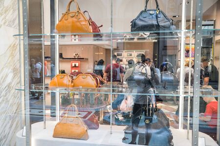 Milan, Italy - September 21, 2018: Gucci store in Milan. Montenapoleone area. Fashion week Gucciのeditorial素材
