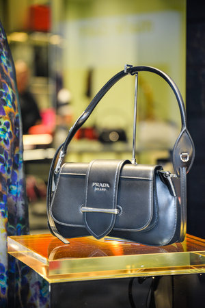 Milan, Italy - September 21, 2018: Prada store in Milan. Montenapoleone area. Fashion week Prada...