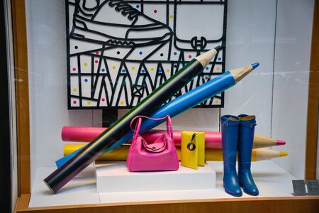 Milan, Italy - September 21, 2018: Hermes store in Milan. Montenapoleone area. Fashion week Hermes shopping.のeditorial素材