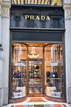 Milan, Italy - September 21, 2018: Prada store in Milan. Montenapoleone area. Fashion week Prada shopping.のeditorial素材
