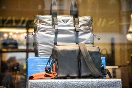 Milan, Italy - September 21, 2018: Prada store in Milan. Montenapoleone area. Fashion week Prada shopping.のeditorial素材