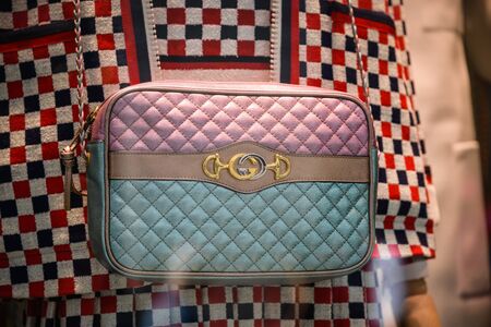 Milan, Italy - September 21, 2018: Gucci store in Milan. Montenapoleone area. Fashion week Gucci shopping.のeditorial素材