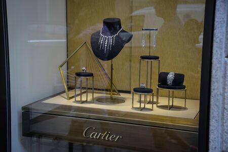 Milan, Italy - September 21, 2018: Cartier store in Milan. Montenapoleone area. Fashion week Cartier shopping.のeditorial素材